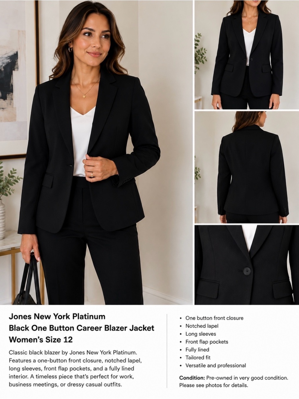 Jones New York Platinum Black One Button Career Blazer Jacket Women’s Size 12